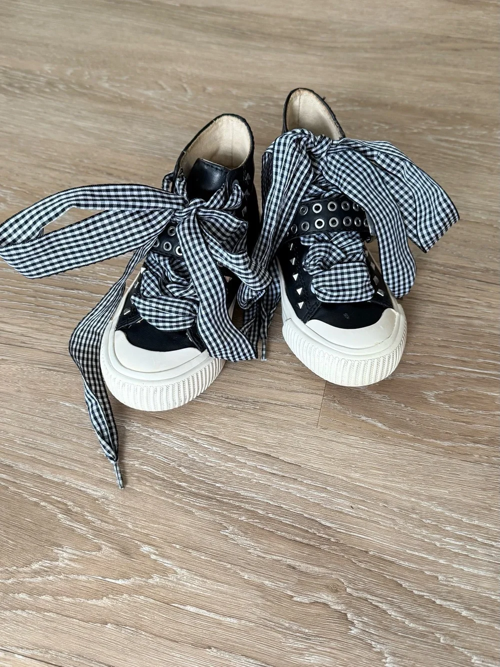 Zara Black High-Top Sneakers with Gingham Ribbon Laces